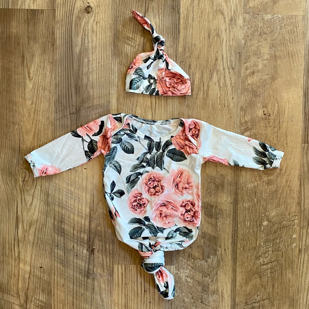 Floral Baby Knotted Gown With Hat
